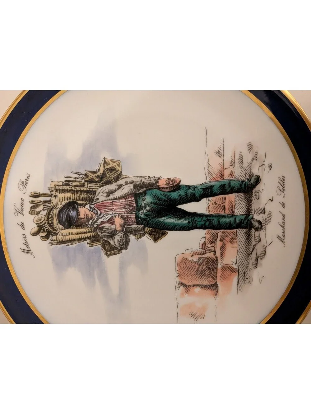 Vintage Bavaria Germany Porcelain Plate Marchand de Sabots Cobalt Blue&Gold Trim
